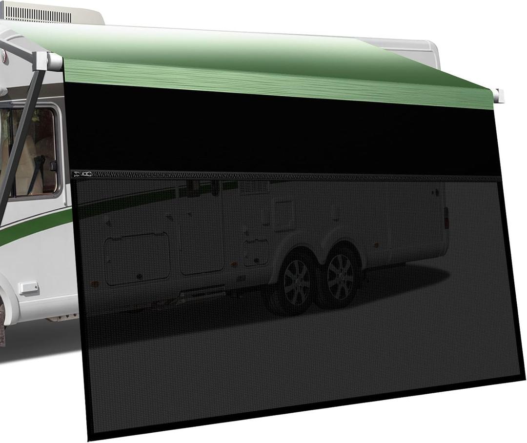 RV Awning Sun Shade Screen with Zipper 8'x18'3", 600D Oxford Top Mesh Bottom Screen Sun Shade Complete Kits UV Blocker Sunscreen Canopy for Camper Trailer Motorhome Awnings Black (Fit for 19FT)