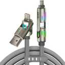 240w 4-in-1 USB C Cable,Charger Cable with Breathing Light, PD 5A Multi Fast Charging & Data Sync Silicone Compatible for iPhone Samsung Laptop Multi Device Charging,4FT (Gery) (Gray)