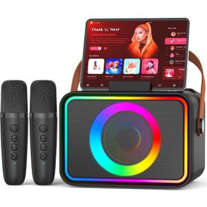 Karaoke Machine,Portable Bluetooth Speaker with 2 Wireless Microphone for Adults & Kids with LED Lights, Karaoke Microphone with PA System Supports USB/TF/AUX,Gift for Party (Black)