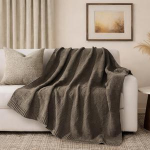 EVERGRACEHOME Modern Checkered Chenille Throw Blanket, Soft Cozy Plaid Knitted Blanket for Sofa & Couch, Decorative Knit Throw for Bed and Living Room, Mocha Brown, 60" x 80"