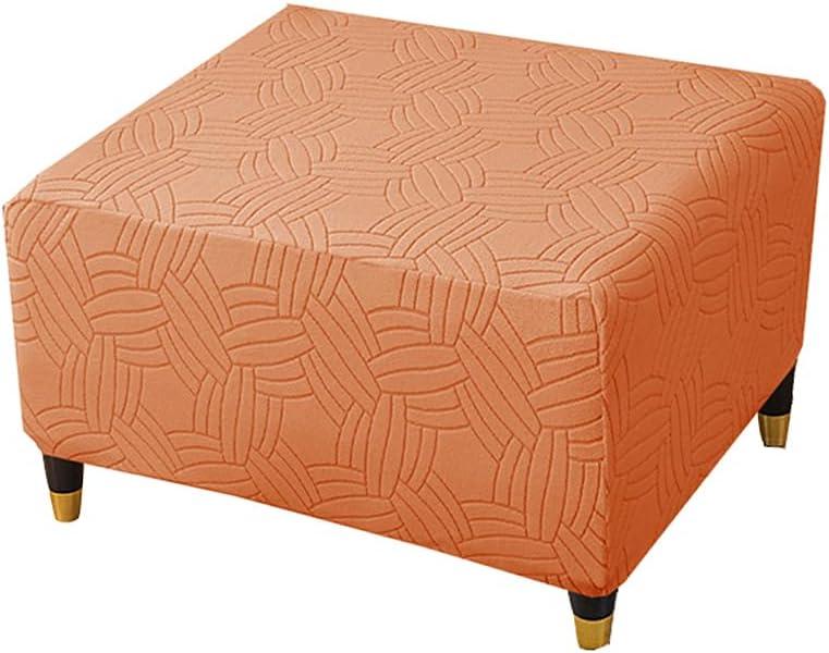 Square Stretch Soft Ottoman Cover 3D Jacquard Square Footrest Stool Slipcovers with Elastic Bottom (Orange,32" D x 32" W x 18" H)