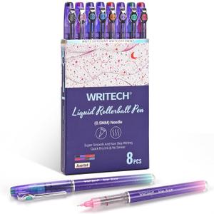 WRITECH Liquid Ink Rollerball Pens: 8ct Assorted Colors Extra Fine Point Tip 0.5mm Roller Ball Rolling Pen for Smooth Writing Coloring Drawing Journaling No Bleed & Smear &Smudge Multi Colored.