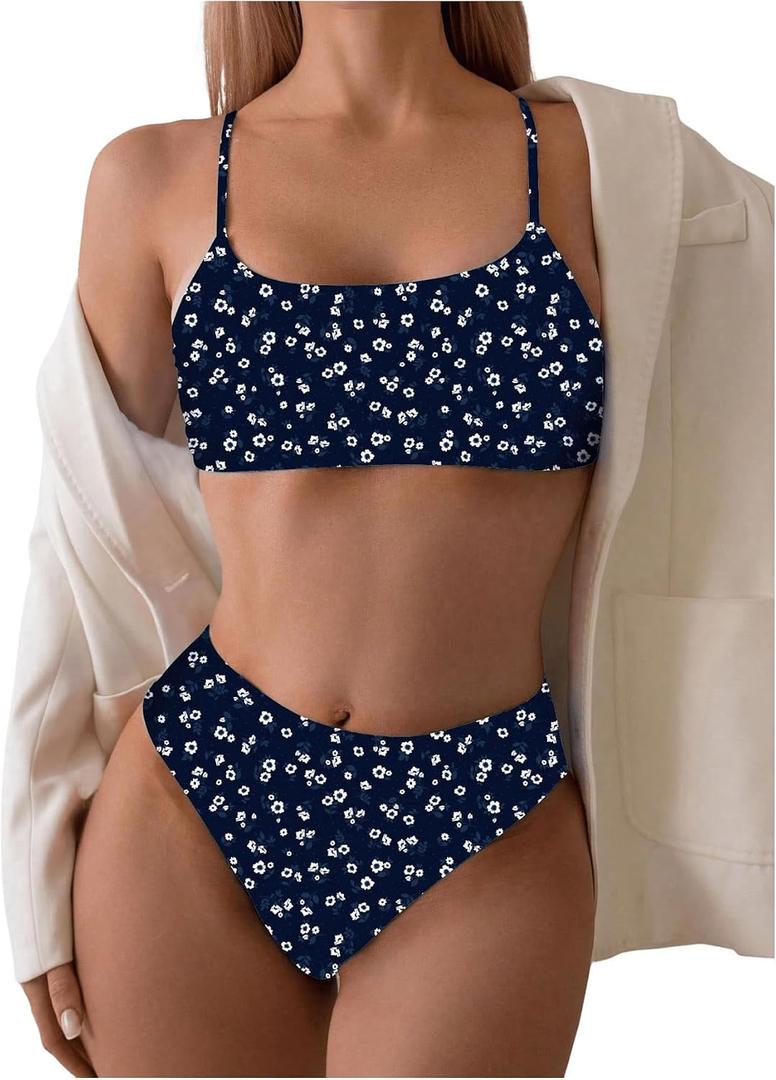 SOLY HUX Women's 2 Piece Bathing Suit Floral Print High Waisted Scoop Neck Cute Bikini Set Beachwear Dark Blue Floral Small