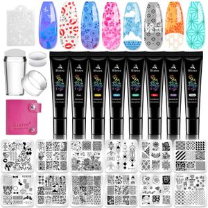 Biutee Nail Stamping Plates Set - 12pcs Templates, 8 Colors, Stamper, Scraper, Storage Bag - Animal & Flower Design Nail Art Plates (8pcs polish gel with plates)