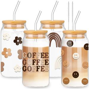 Whaline Drinking Glasses with Bamboo Lids and Glass Straw 4pcs Set - 16oz Can Shaped Glass Cup, Iced Coffee Glass Ideal for Cocktail, Whiskey, Gift - 2 Cleaning Brushes