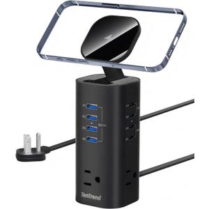 Flat Plug Surge Protector Tower, TenTrend Power Strip Tower with Surge Protection, 3 AC Outlets & 8 USB Ports, 5FT Extension Cord, 115W Total Fast Charging Tower for Multiple Devices