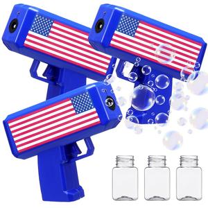 3 Pack 4th of July Bubbles Guns Toys with American Flag Electric Bubble Gun Independence Day Red White Blue Patriotic Party Favors Supplies Decor Battery Powered Hand Held Machine Maker