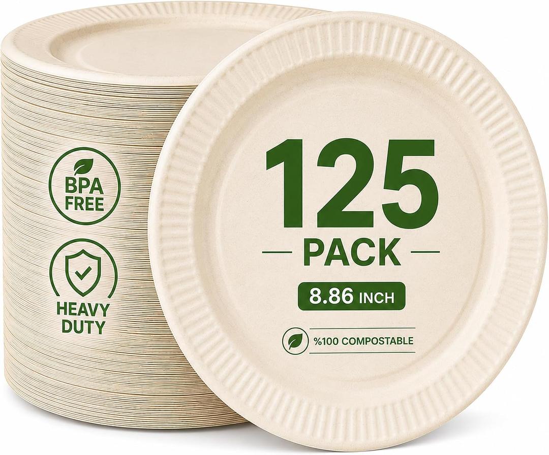 Compostable Sugarcane Plates 8.86 Inch, 125 Pack Heavy Duty, Leak & Oil Proof, Microwave Safe Bagasse Dinner Plates for Eco-Conscious Hosts | Outdoor BBQ, Wedding, Baby Shower, Camping, Catering