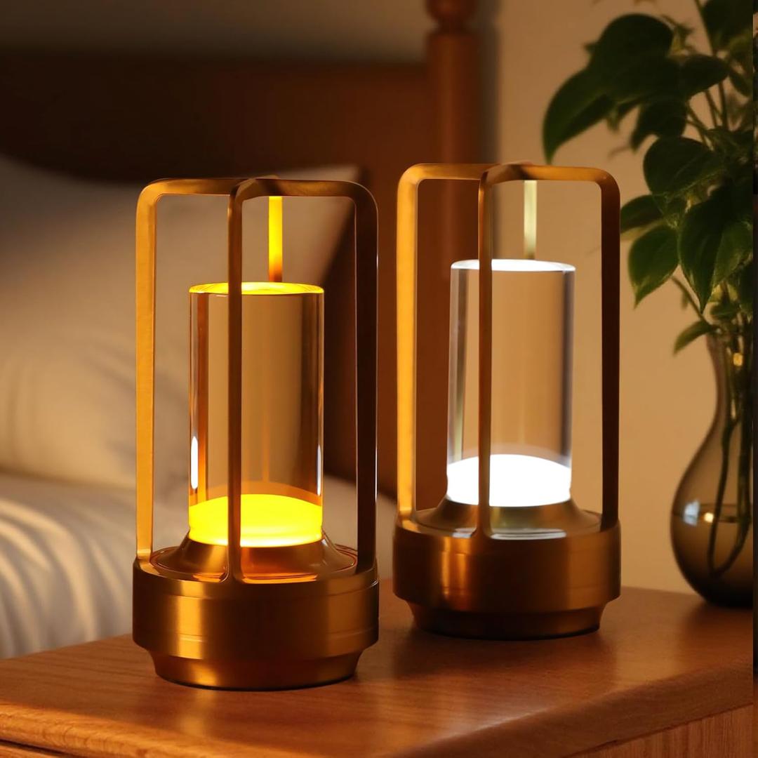 2-Pack Portable Touch Control Table Lamp with 5000mAh Battery, 3-Color Stepless Dimming Cordless LED Light for Bedroom/Camping/Restaurant/Bar Indoor & Outdoor2-Pack Gold