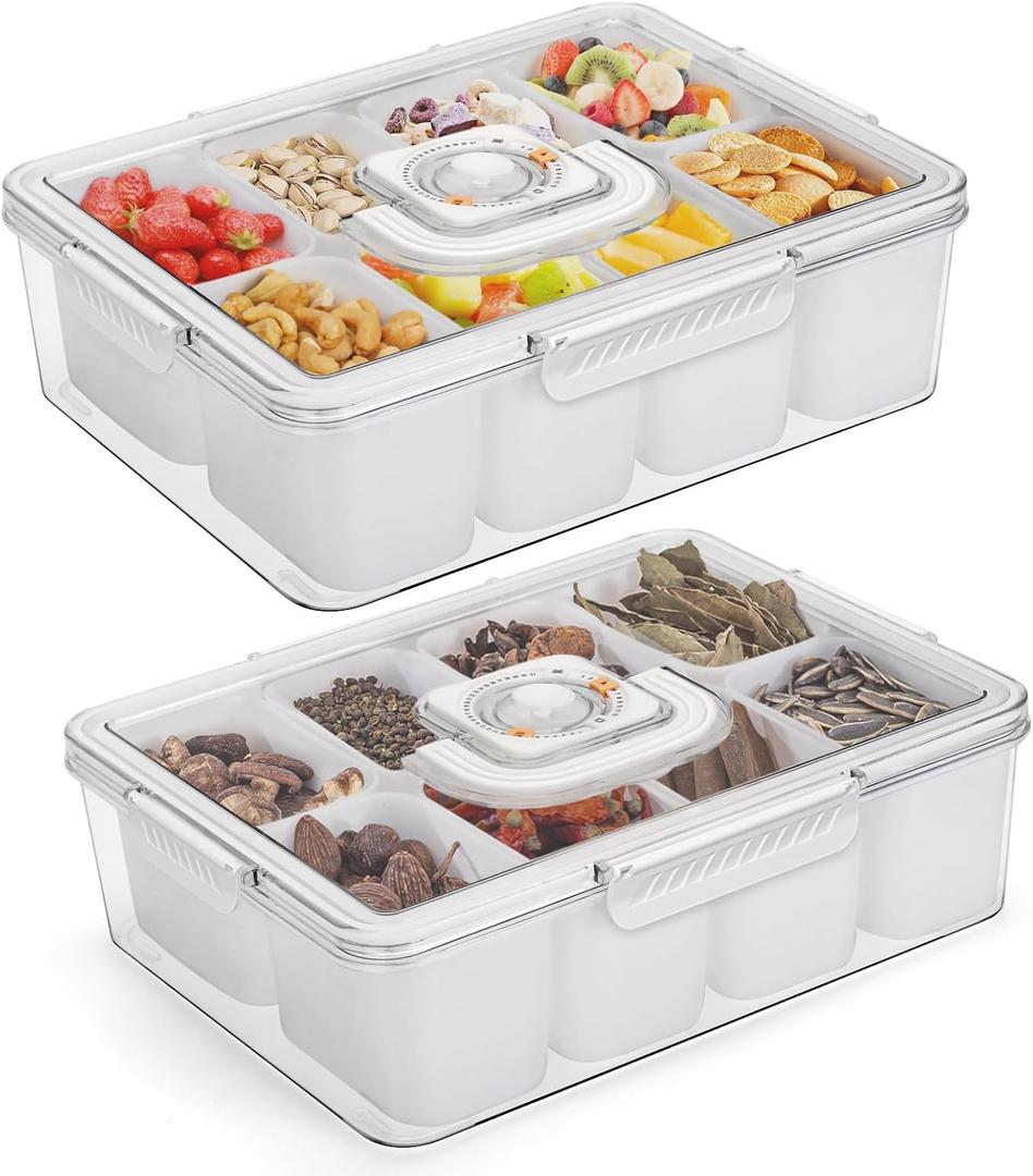 2 Pack Snackle Box Charcuterie Container, Divided Serving Tray with Lid and Handle, Portable Snack Boxes Platters Organizer for Fruit, Nuts, Candy, Veggie, Party, Picnic