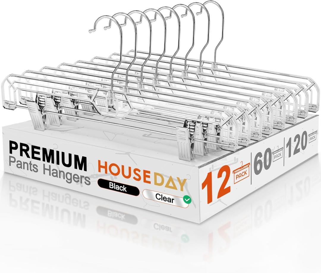 HOUSE DAY Clear Pants Hangers with Clips 12 Pack, Plastic Skirt Hangers for Women, 14 Inch Clip Hanger for Pants, Skirts, Jeans, Shorts, Legging, with 360-degree Swivel Hook, 2 Adjustable Clips