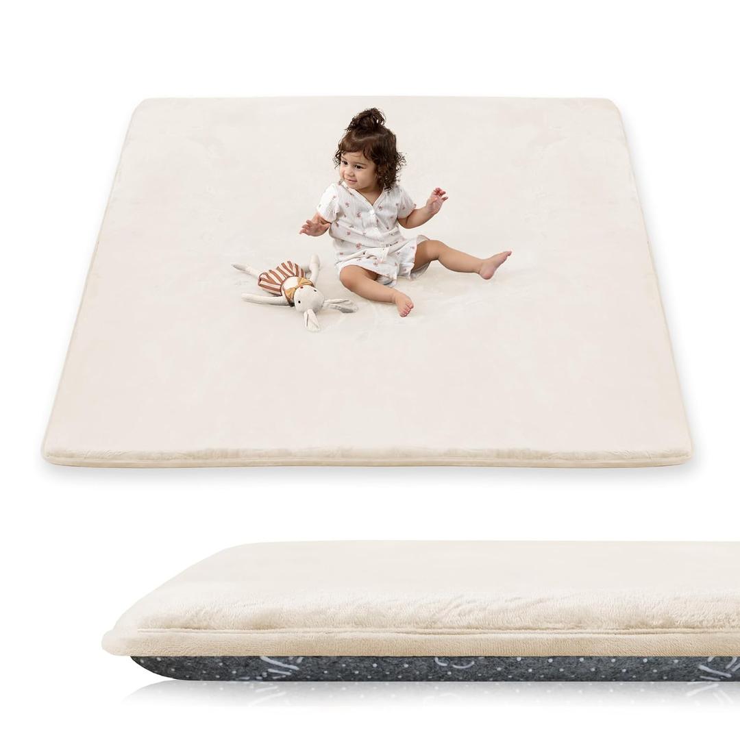 1.5" Thick Baby Play Mat for Floor, 50x50 Playpen Mat, Pro Soft Flannel Foam Mats Toddler Infant Kids Crawling for Nursery Rug Playroom Living Room Waterproof Easy Care Non-Slip (Beige)