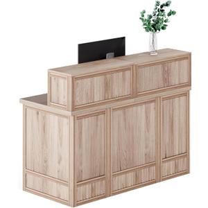 LITTLE TREE 57-Inch Reception Counter, Boho Style Front Desk, Modern Checkout Counter, Reception Desk for Retail, Lobby, Salon, Office, Oak
