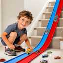 Flexible Race Track Toys for Kids, 15 Ft Flex Tracks Starter Set with Strong Suction Cups - Compatible with Hot Wheels and Diecast 1/64th Cars, Rolls up Portable Race Car Ramp Track (Blue Red)