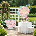Novabright 2 Pcs Large Tea Party Cardboard Large Tea Party Decorations Teapot and Teacup Cutout Stand Decor Pink Floral Wonderland Garden Yard Sign for Baby Shower Wedding Birthday Favors
