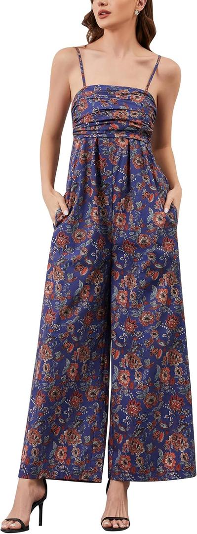 Anoumcy Spaghetti Strap Boho Wide Leg Jumpsuits for Women Summer Casual Sleeveless Long Rompers Trendy One Piece Outfits Size M