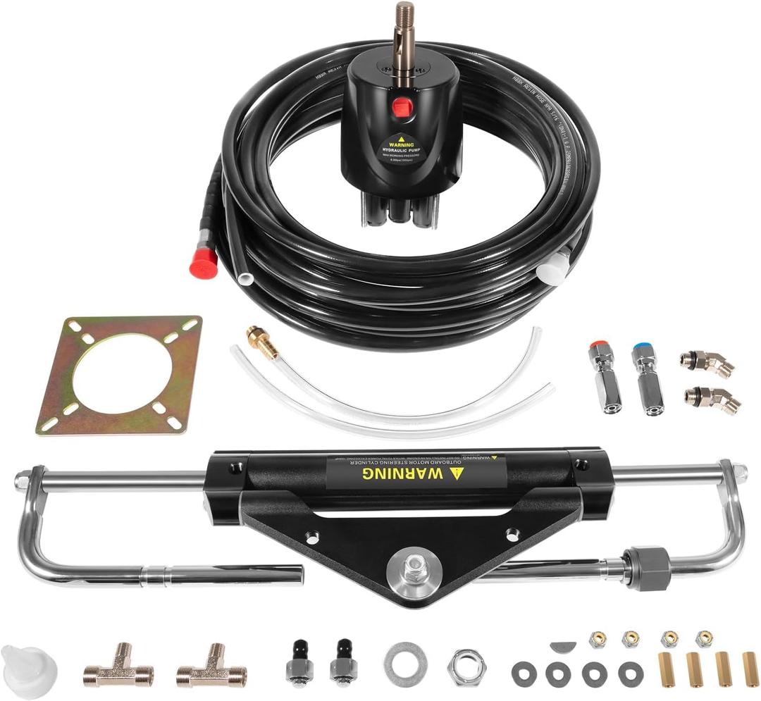 150HP Hydraulic Outboard Steering Kit Boat Marine System for Single Station, Single-Engine use Built-in Two-Way Lock Cylinder, Pump and 26ft High-Strength Nylon Hose