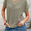 Cakulo Summer Crochet Tops for Women 2025 Short Sleeve V Neck Hollow Out Knit Beach Cover Up Casual Sweater Top (X-Large, Light Green)