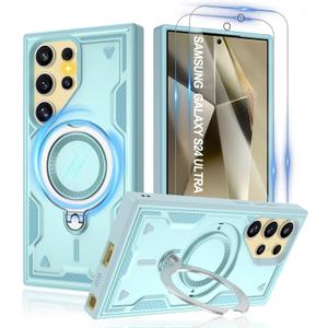 Gritup for Samsung Galaxy-S24 Ultra Case with Magsafe & [HD Screen Protector2][Anti-Fingerprint], 360 Metal Rotated Kick stand, Military Grade Shockproof Protective for Galaxy S24 Ultra Case, Light Blue