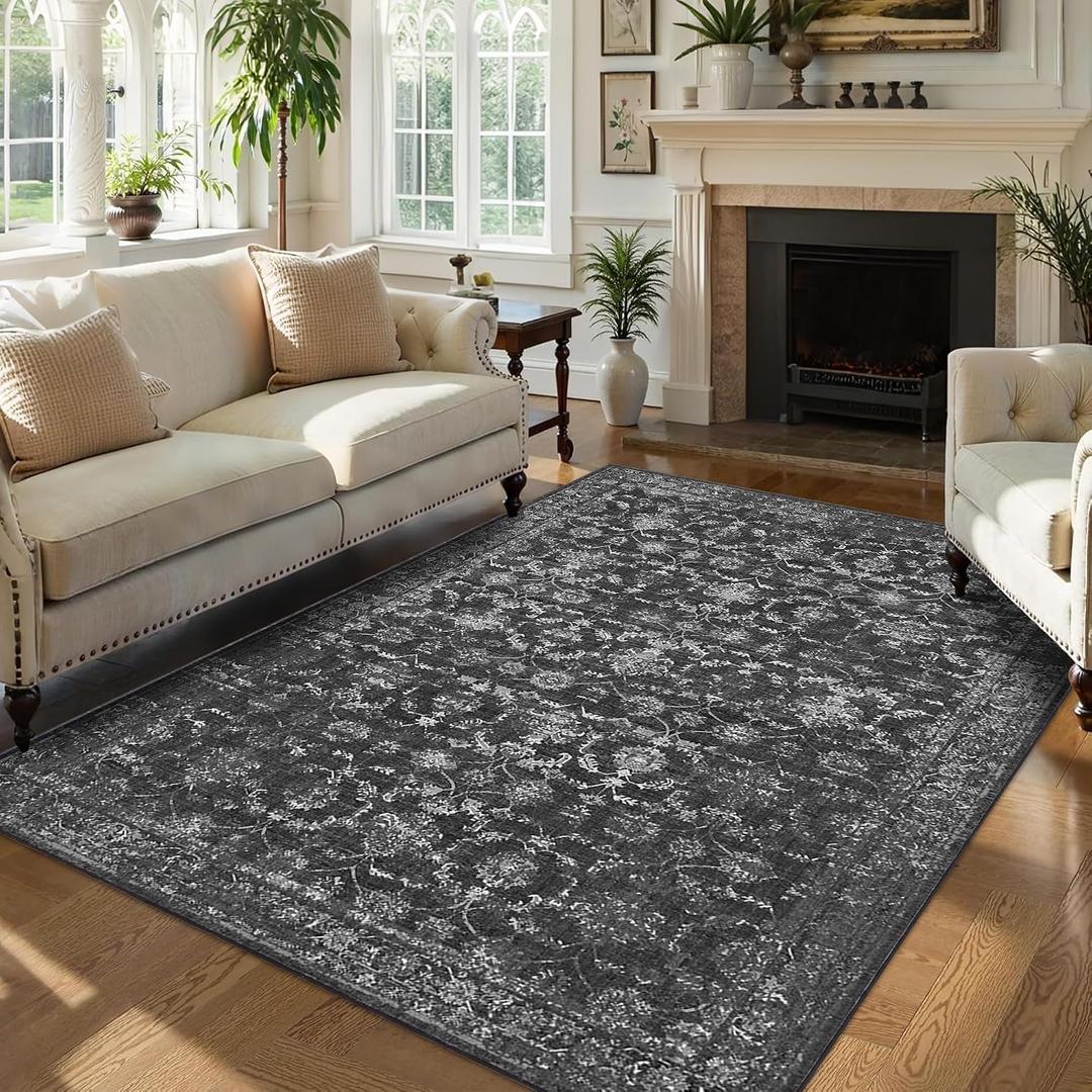 Washable Area Rug 6x9 Black Rugs for Living Room, Vintage Boho Large Rug for Bedroom Dining Room Office, Distressed Floral Print Carpet for Under Table, Soft Non Slip Low Pile Throw Carpet Indoor Mat