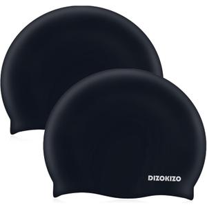 2pcs Silicone Swim Cap for Kids 6-14, High Elasticity Comfortable Non-Slip Swimming Cap for Girls & Boys, Durable Waterproof Swim Hats for Long and Short Hair, Keep Hair Dry (Black & Black)