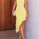 ZESICA Women's 2026 Summer Strapless Bodycon Tube Dress Sexy Off Shoulder Mesh Irregular Ruffle Backless Party Midi Dresses (Yellow, M)