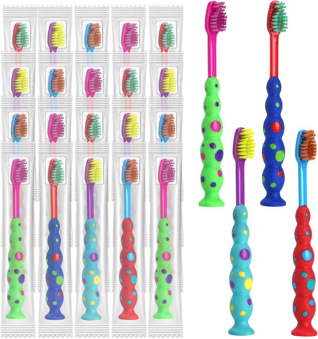 100 Pack Kids Toothbrush Soft bristles Toddler Lovely Toothbrush with Suction Cup Bulk, Includes Travel Covers, Individually Wrapped Toothbrushes for Kid Home School Daycare Camp, (Candy)