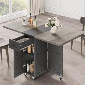 Farmhouse Folding Dining Table with Drawers and 2-Tier Storage Rack, 6-Wheel Multi-Angle Extendable Kitchen Folding Table Suitable for Kitchens and Restaurants(Carlo Grey)