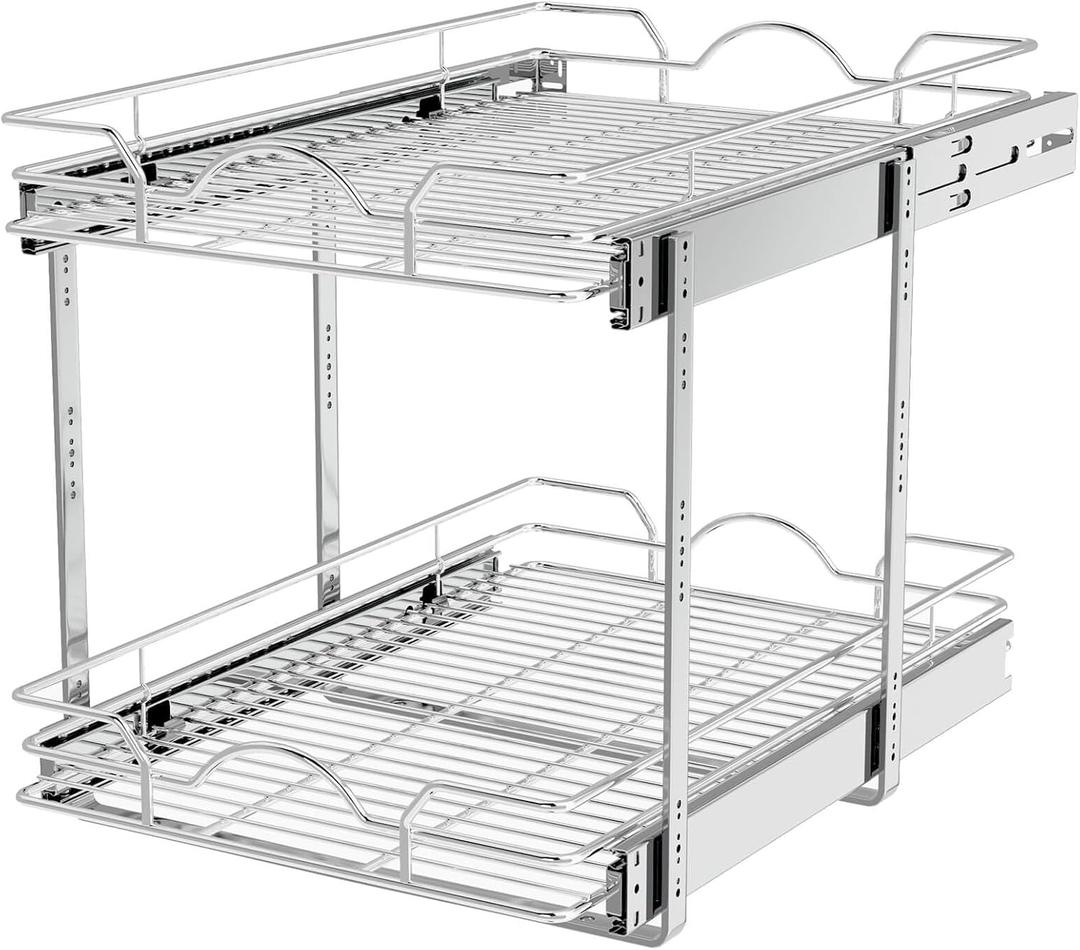 OCG 2 Tier Pull Out Cabinet Organizer (15.5" W x 21" D), Pull Out Drawers for Kitchen Cabinets, Pull Out Shelves for Base Cabinet Organization in Kitchen Bathroom Pantry, Chrome Finish
