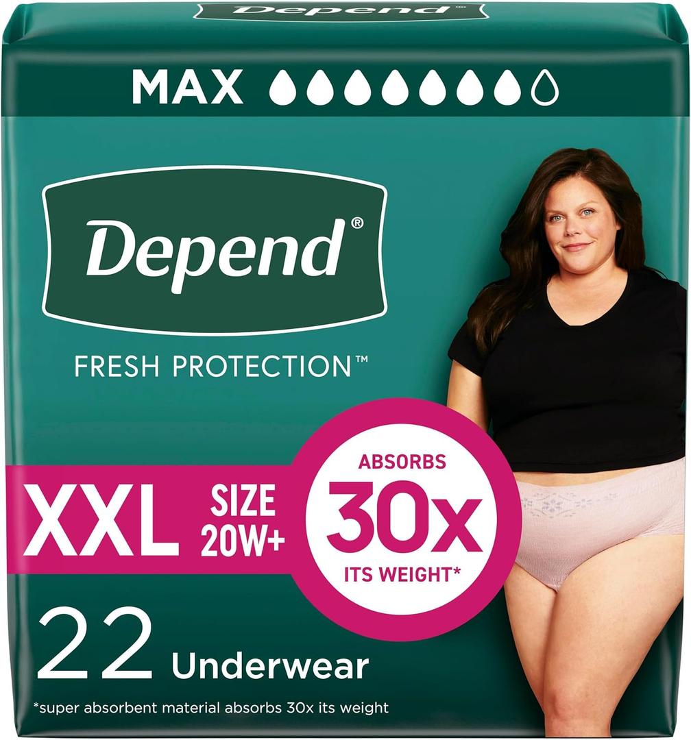 Depend Fresh Protection Adult Diapers, Incontinence & Postpartum Bladder Leak Underwear for Women, Disposable, Maximum, ExtraExtraLarge, Blush, 22 Count