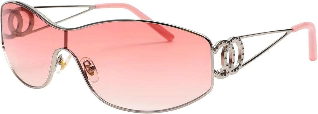 Y2k Sunglasses Womens Glasses Metal Shades Wire Frame Oval Sun Glasses for Women Trendy 2000s 90s shield Retro Eyewear (Gradient Pink)