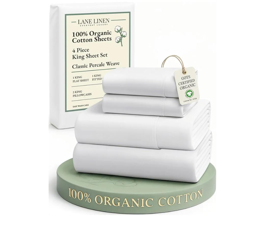 LANE LINEN 100% Organic Cotton King Size Sheets Set, Soft & Comfy All Season Breathable Sheets King Size, Percale Weave Fully Elasticized Eco Friendly Naturall
