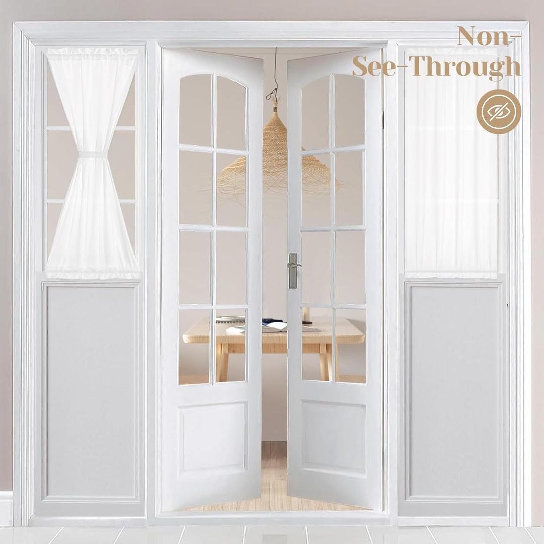 HOMEIDEAS Non-See-Through French Door Curtains Set of 2 for Front Door, Light Filtering Privacy Semi Sheer Window Curtains with Rod Pocket and Tie Back, White, 26W X 40L Inch