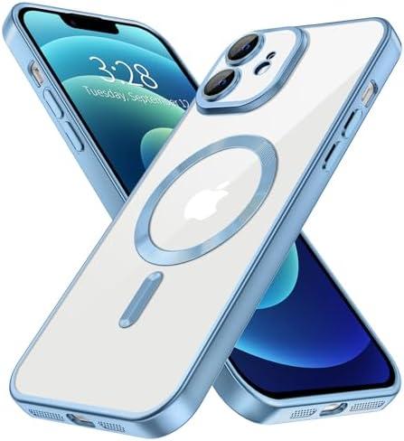 Hython Magnetic Clear for iPhone 12 Case with Camera Lens Protector [Compatible with MagSafe] Luxury Plating Edge Slim Soft TPU Cover Protective Phone Case for iPhone 12 6.1", Matte Light Blue