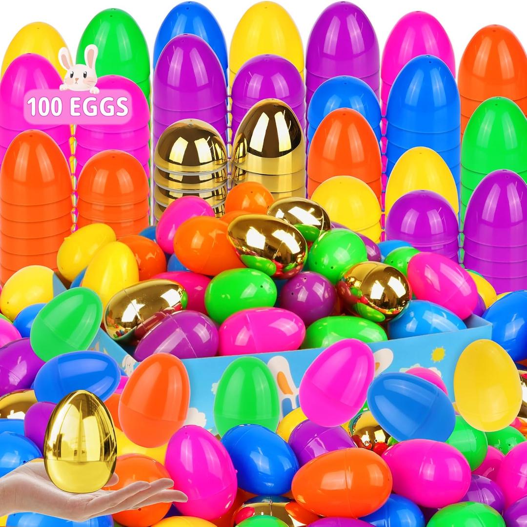 100 Pack 3.1" Fillable Easter Eggs with 6 Surprise Gold Eggs, Colorful Plastic Eggs for Easter Egg Hunts, Basket Stuffers Fillers, Party Favors, Classroom Rewards Prizes for Kids Toddlers Boys Girls