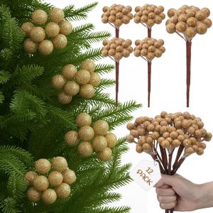 Leinuosen 12 Pack Christmas Tree Champagne Gold Sugared Berry Picks 9 Inch Artificial Christmas Wreath Berry Stems Xmas Branches Ornaments Decorations for Tree Topper Vase Fillers Home Table Decor