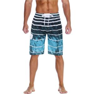 unitop Men's Swimming Trunks Quick Dry Summer Striped Beach Board Shorts with Lining (34, Lake Blue)