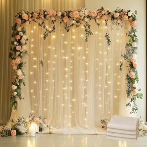 Tulle Backdrop Curtain with Lights String 20 X 8FT Champagne Sheer Tulle Backdrop Curtains for Wedding Birthday Party Reception Photo Booth Background Decorations (4 Panels 5x8FT)