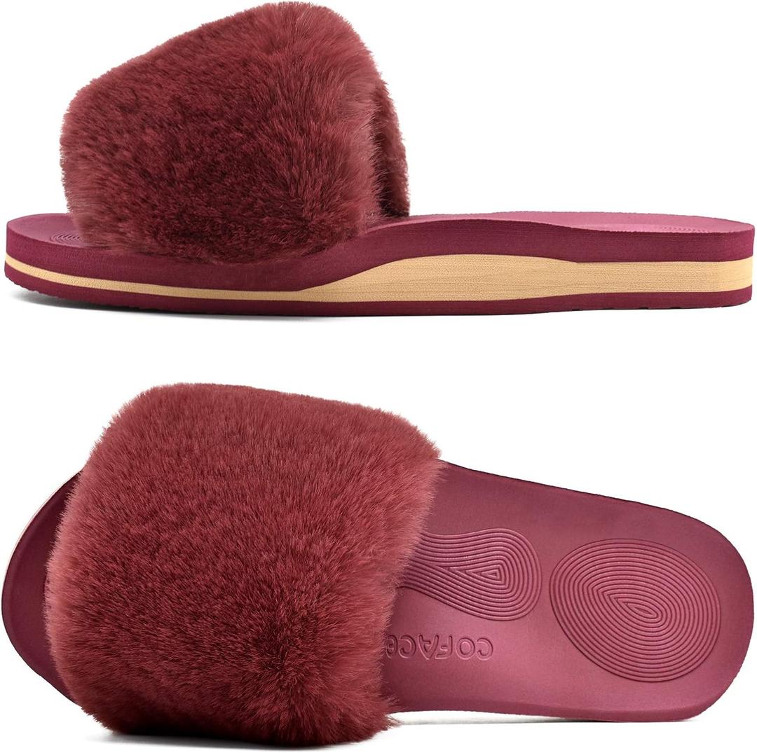 COFACE Womens Slippers with Arch Support Comfy Open Toe Fuzzy Woman House Shoes Plantar Fasciitis Orthotic Ladies Slippers Indoor (Size 9, Winered)