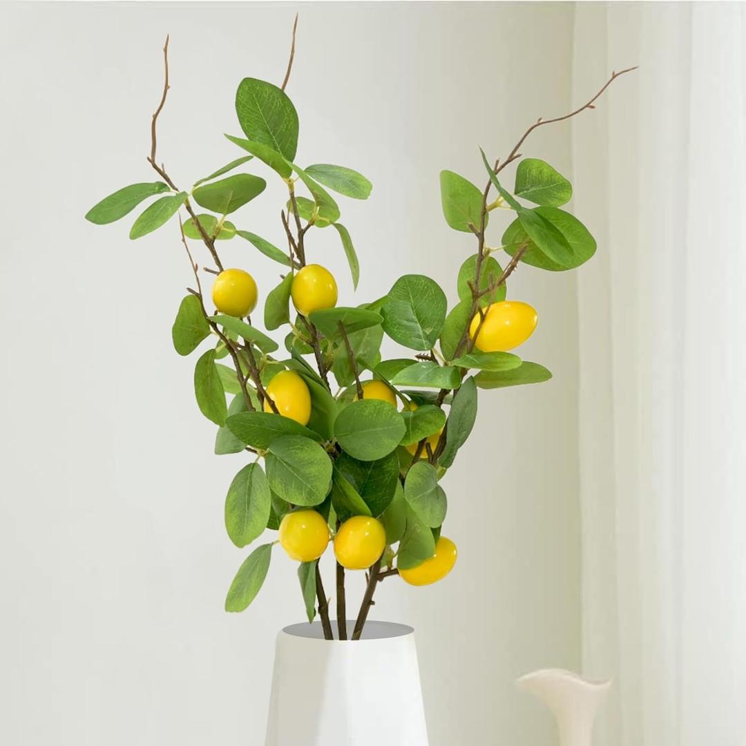 3pcs 27.5inch Artificial Lemons Branches Greenery Stems for Vases Realistic Fruit Bouquet Faux Lemon Tree Branch Fake Lemons for Kitchen Home Wedding Party Spring Summer Decorations DIY Floral Crafts