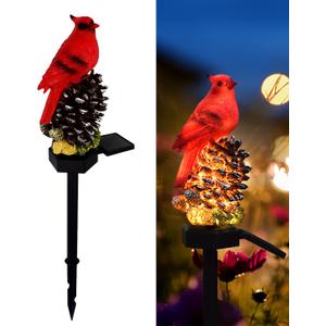 Cardinal Decor Solar Garden Decor Waterproof Red Bird Figurine Solar Stake Lights for Outside Yard Patio Lawn Porch Cemetery (Strobile)