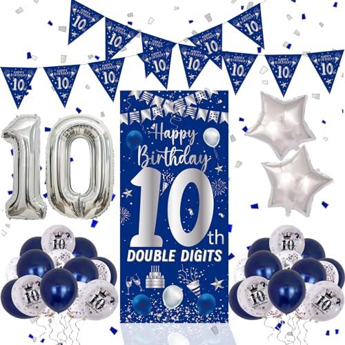 10th Birthday Decorations for Boys Girls, Blue Silver Happy 10th Birthday Double Digits Door Banner Decorations, Number 10 Foil Balloon Triangle Flag 10 Year Old Bday Party Supplies for Son Daughter