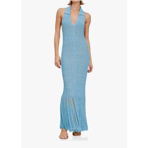 Saodimallsu Womens Halter Crochet Cover Up Fringe Sexy Backless Sleeveless V Neck Collared Vacation Beach Maxi Dress, Medium