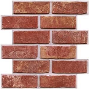 3D Red Brick Peel and Stick Wall Panels, Thin PVC 3D Fake Brick Self Adhesive Wall Covering Faux Brick Backsplash Interior Decor. 10 Pieces