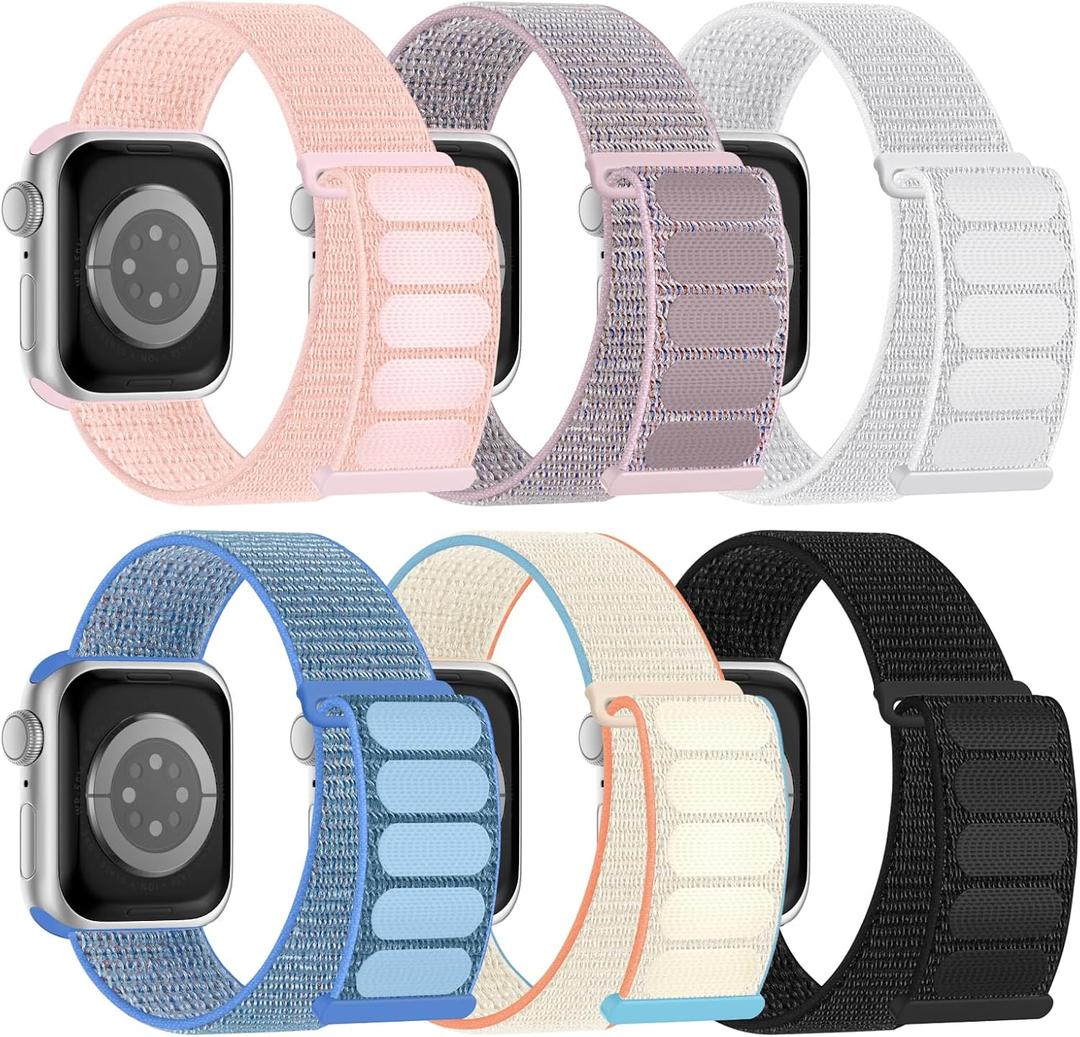 6 Pack Sport Nylon Loop Band Compatible with Apple Watch Bands 38mm 40mm 41mm 42mm 44mm 45mm 46mm 49mm for Women Men, Adjustable Breathable Braided Straps for iWatch Series 10/9/8/7/6/5/4/3/SE/Ultra (38/40/41mm/42mm(Series 10), Pink /Pink Sand/Reflective White/Lake Blue/Light Beige/Black)