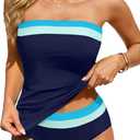 Daci Bandeau Tankini Swimsuits for Women - Two Piece Ruched Tummy Control Bathing Suit Strapless Swimwear with Bottom (X-Small, Navy Color Block)