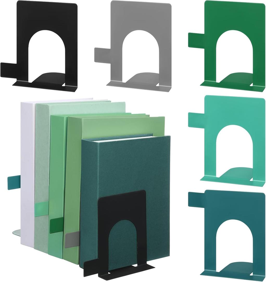 5 Set Metal Book Ends for Shelves Book Shelf Dividers Library Shelf Marker Bookends Stopper Colorful Office Stand Holder for Heavy Books Desk Home Movies Kitchen Cds(Gray Green)