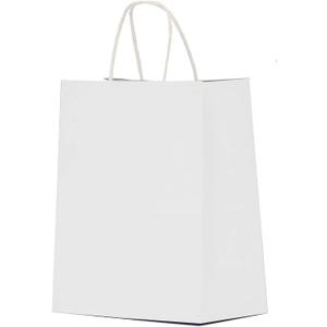 Qutuus White Paper Gift Bags with Handles Bulk 25 pcs 8x4.5x10 Medium White Paper Bags for Gifts, Valentines, Shopping, Retail