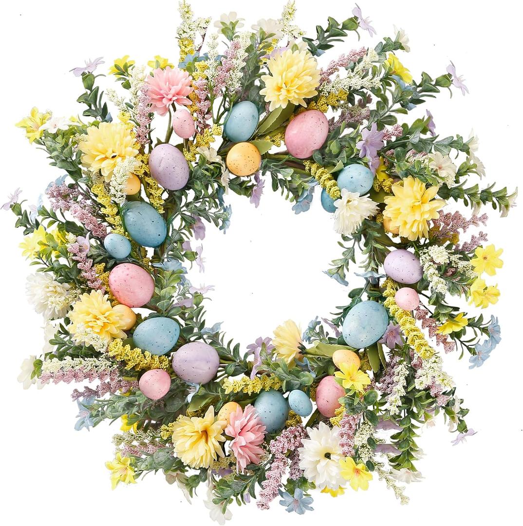 Sggvecsy 20 Inch Easter Wreath Spring Wreath Artificial Flower Wreath with Colorful Eggs Hydrangea Daisies Eucalyptus Leaves for Front Door Easter Summer Farmhouse Holiday Wall Home Window Decor