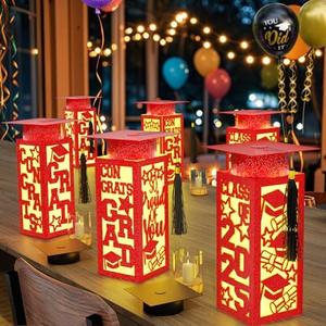 6 Pcs Graduation Table Centerpieces Boxes Class of 2025 Graduation Paper Lanterns Boxes with LED Hollow Out Red for Congrats Grad School College Table Decorations Grad Party Photo Props